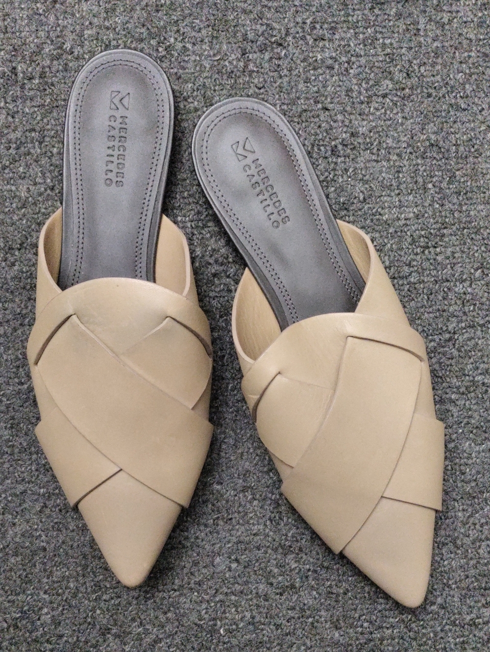 MERCEDES CASTILLO Tan Woven Pointed-Toe Slip-On Mules